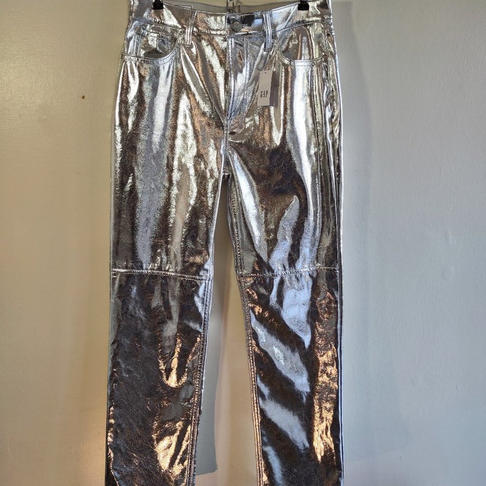 GAP Faux Leather Jeans Cheeky Straight High Rise  Size 29/8R  Silver  New w/ Tag